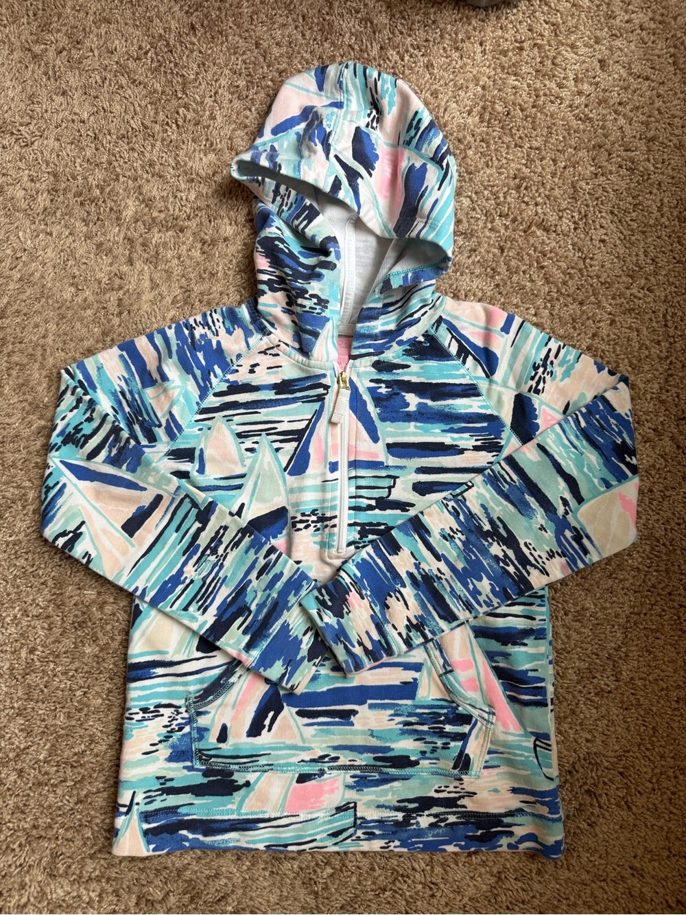 Lilly Pulitzer Girls Half-Zip Hoodie in Blue, Teal, Pink, White